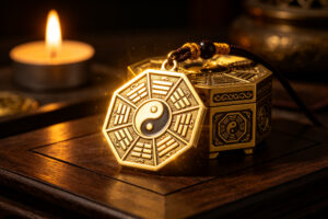 Taoist Bagua protection amulet pendant with golden glow, spiritual protection charm