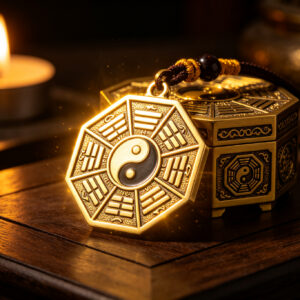 Taoist Bagua protection amulet pendant with golden glow, spiritual protection charm