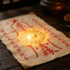 Taoist talisman with cinnabar calligraphy and Bagua symbol