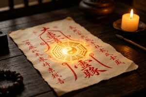Taoist talisman with cinnabar calligraphy and Bagua symbol