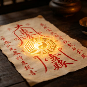 Taoist talisman with cinnabar calligraphy and Bagua symbol