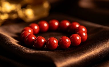 Cinnabar red beaded bracelet on dark silk, spiritual protection jewelry