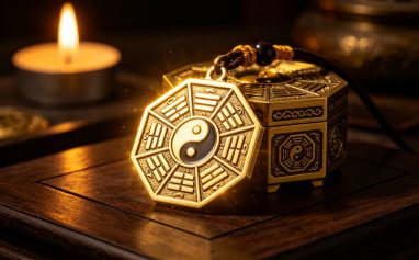 Taoist Bagua protection amulet pendant with golden glow, spiritual protection charm