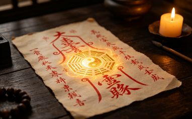 Taoist talisman with cinnabar calligraphy and Bagua symbol